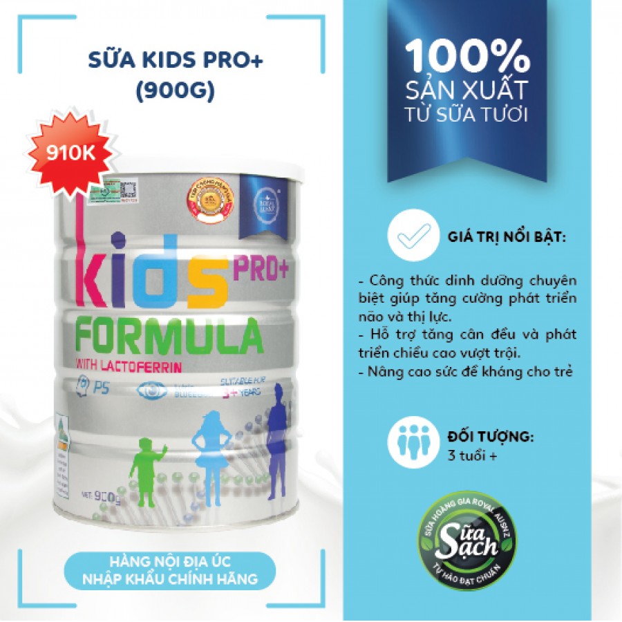 Sữa Hoàng Gia Úc ROYAL AUSNZ Kids Pro+ Formula With Lactoferrin 900g- Bổ sung dưỡng chất cho trẻ từ 3 – 18 tuổi