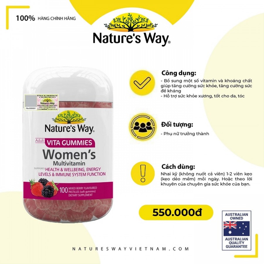 Nature’s Way Adult Vita Gummies Women’s Multivitamin – Viên nhai bổ sung vitamin, khoáng chất cho phụ nữ (Hộp 100 viên)