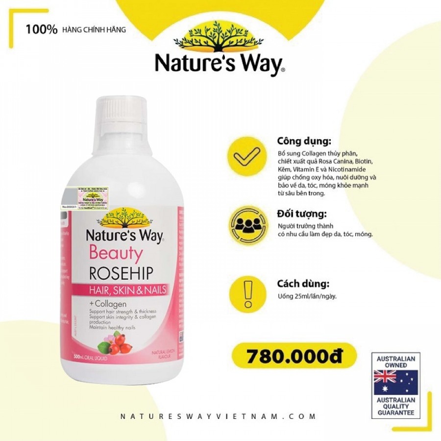 Nature's Way Beauty Rosehip – Bổ sung collagen thủy phân, chiết xuất Rosa Canina, Biotin giúp chăm sóc da, tóc, móng