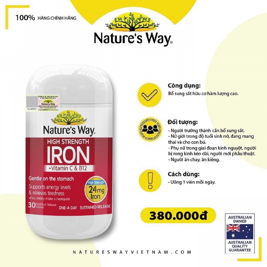 Nature’s Way High Strength Iron + Vitamin C&B12 – Bổ sung sắt hữu cơ hàm lượng cao 24mg