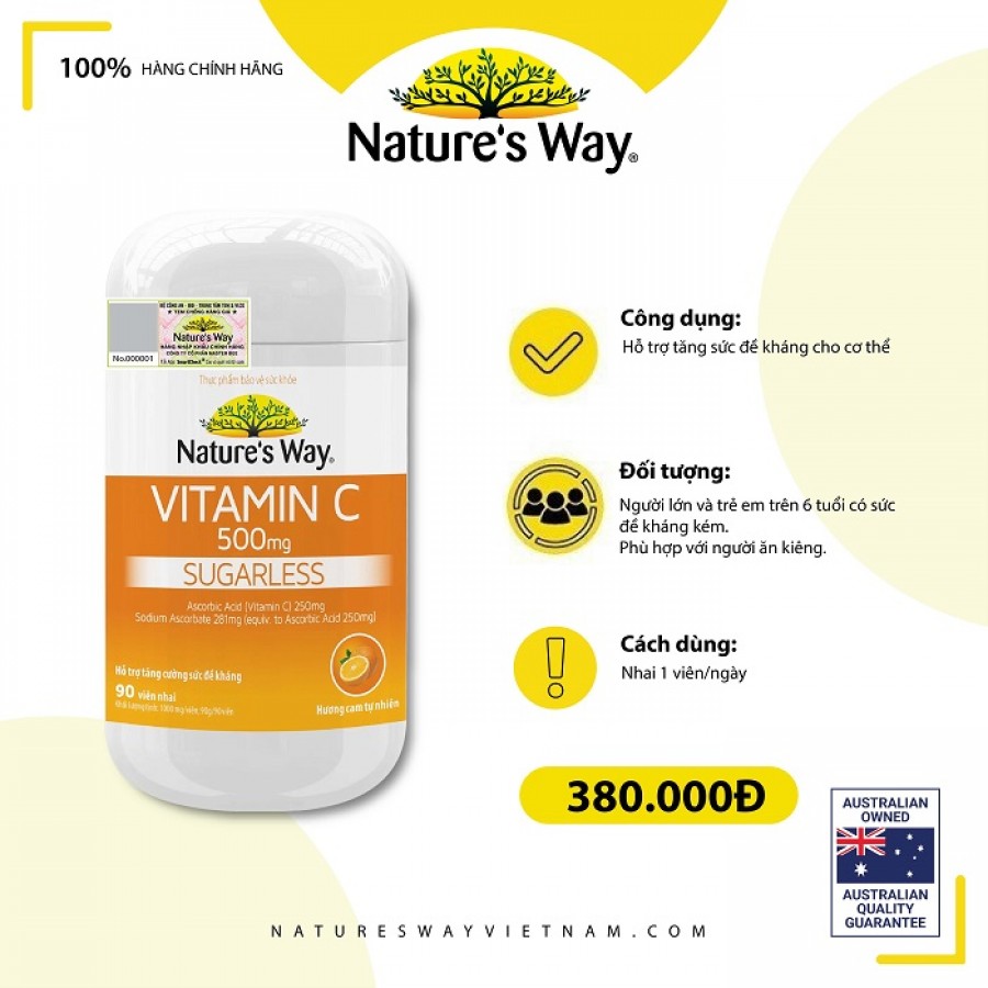 Nature’s Way Vitamin C 500mg - Viên nhai bổ sung vitamin C tăng đề kháng (Hộp 90 viên)