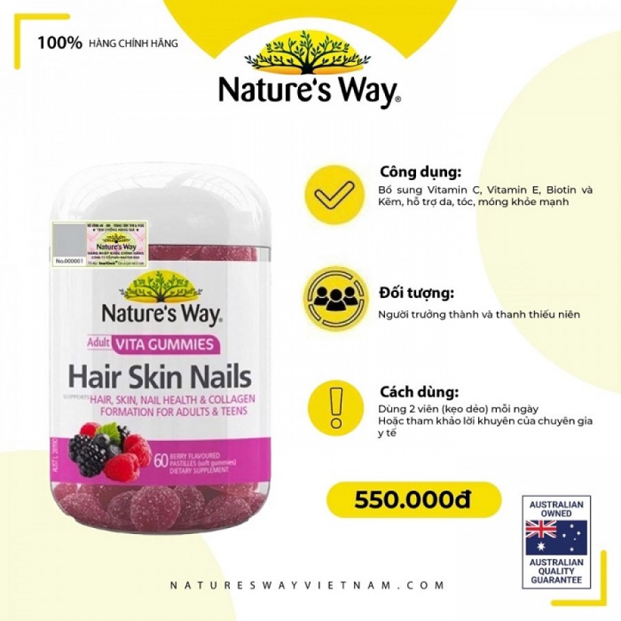 Nature’s Way Adult Vita Gummies Hair Skin Nails – Bổ sung Vitamin C, E, Biotin và kẽm hỗ trợ da, tóc móng khỏe mạnh ( 60 viên)