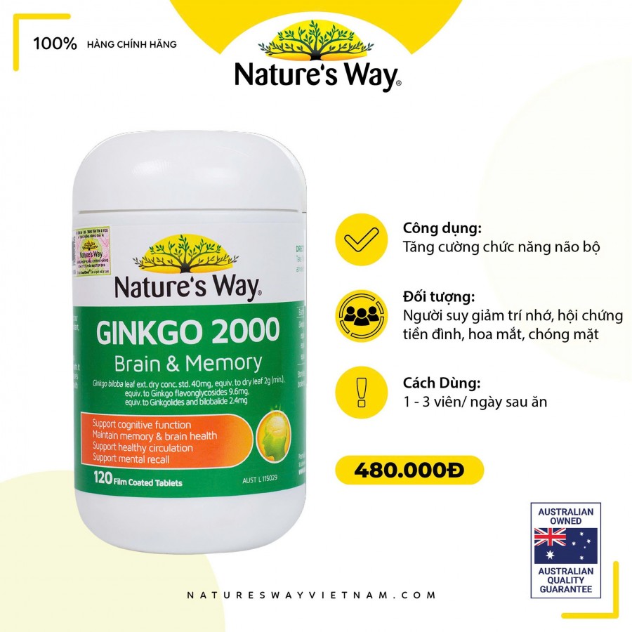 Nature’s Way Ginkgo 2000 Brain & Memory - Viên uống bổ não, tăng cường trí nhớ (Lọ 120 viên)