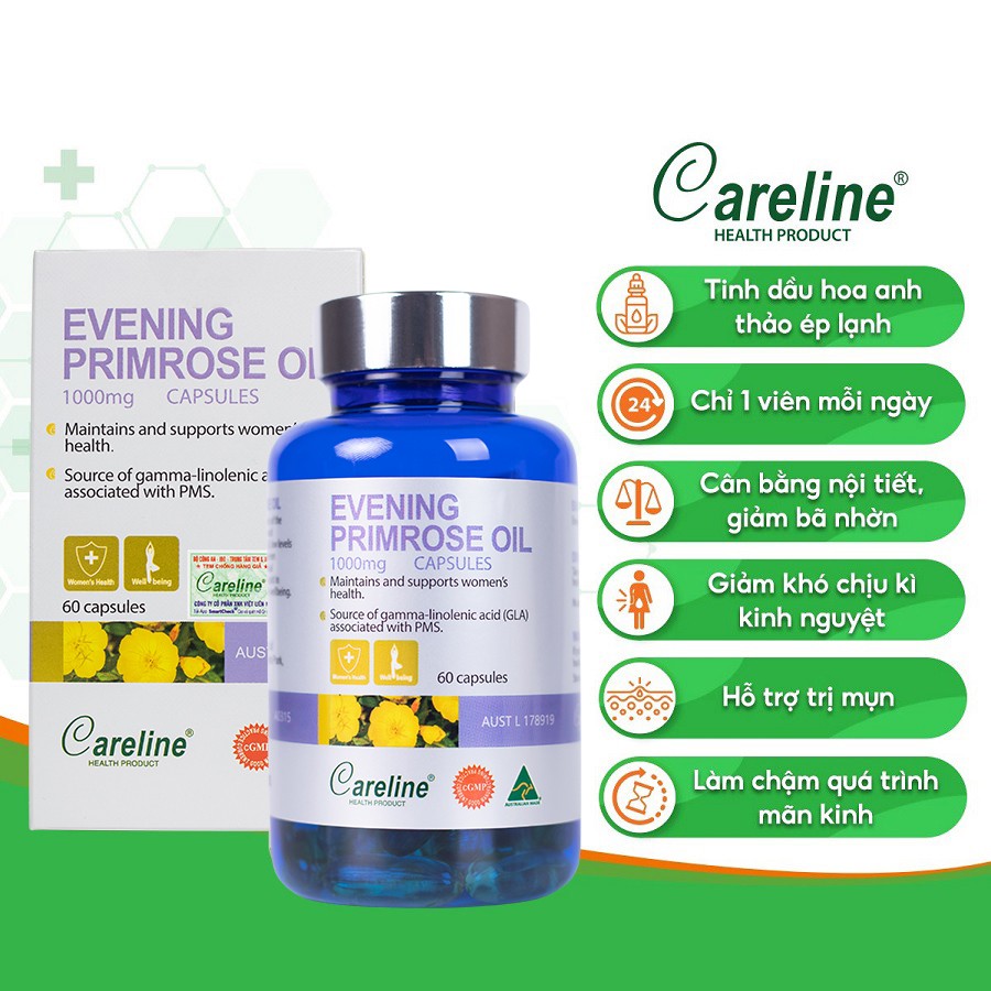 Careline Evening Primrose Oil 1000mg - Tinh dầu hoa anh thảo Úc giúp tăng cường sức khỏe da và nội tiết