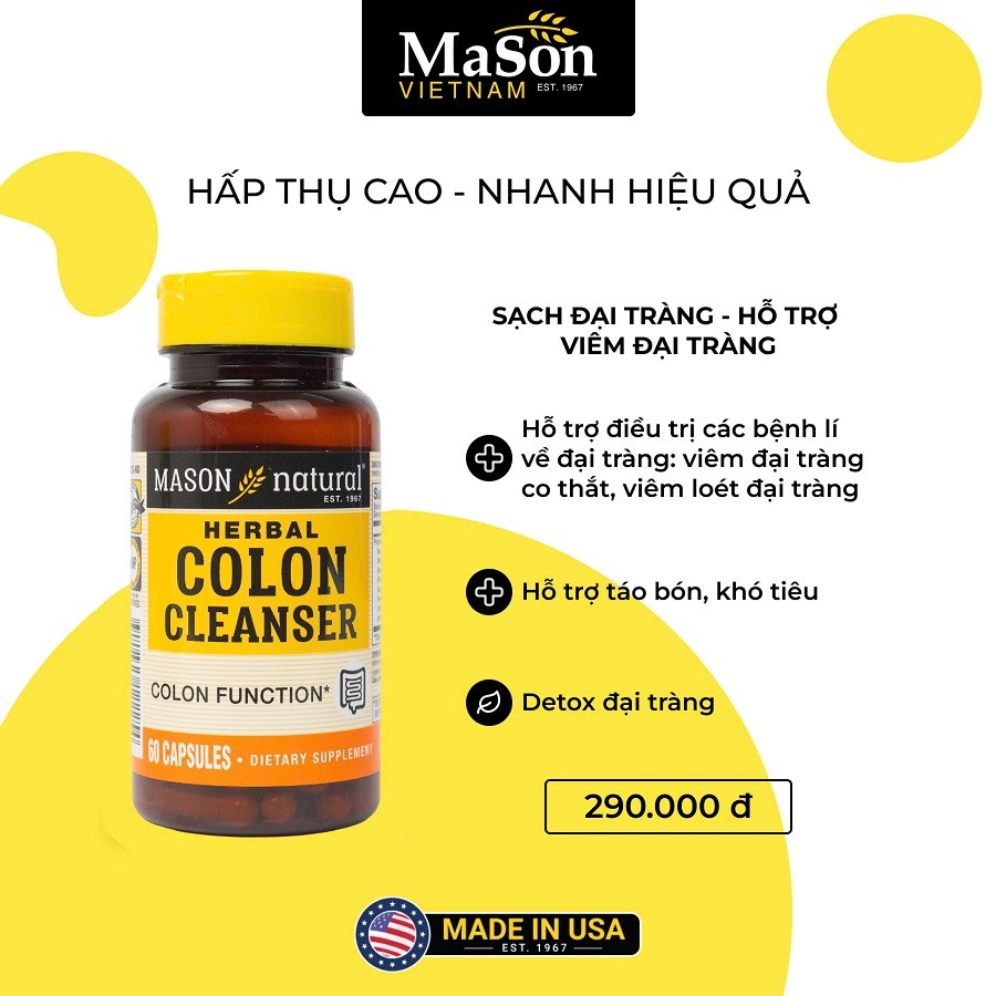 Mason Natural Colon Herbal Cleanser May Support – Hỗ Trợ Chức Năng Đại Tràng (Lọ 60 viên)