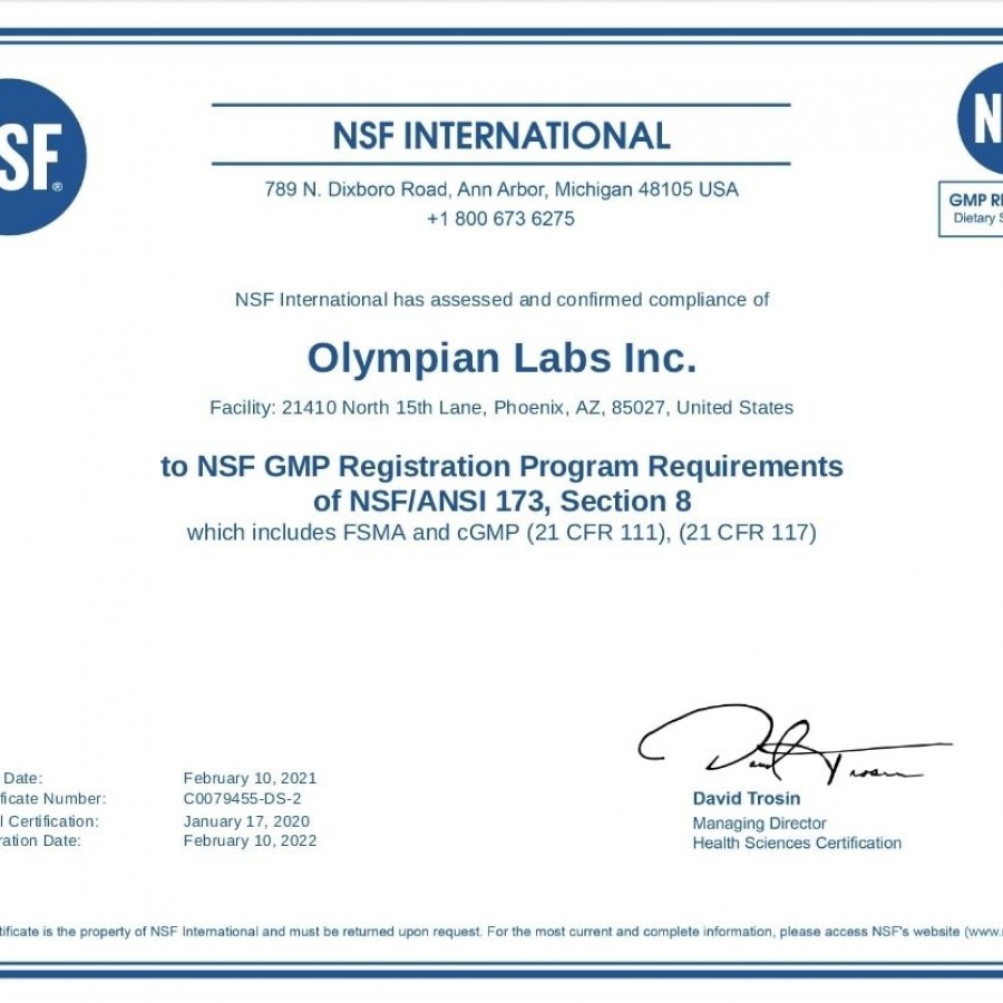Chứng nhận NSF của Olympian Labs
