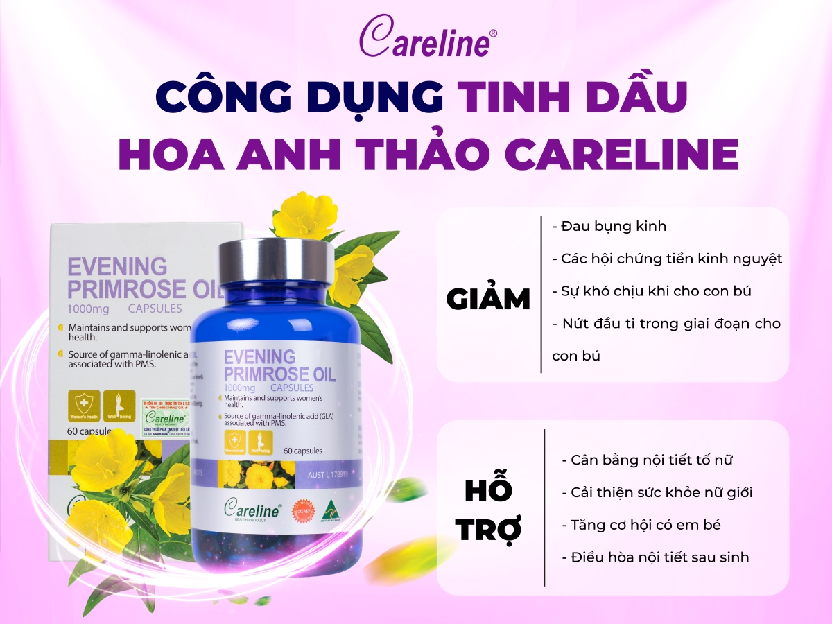 Careline Evening Primrose Oil 1000mg - Tinh dầu hoa anh thảo Úc giúp tăng cường sức khỏe da và nội tiết