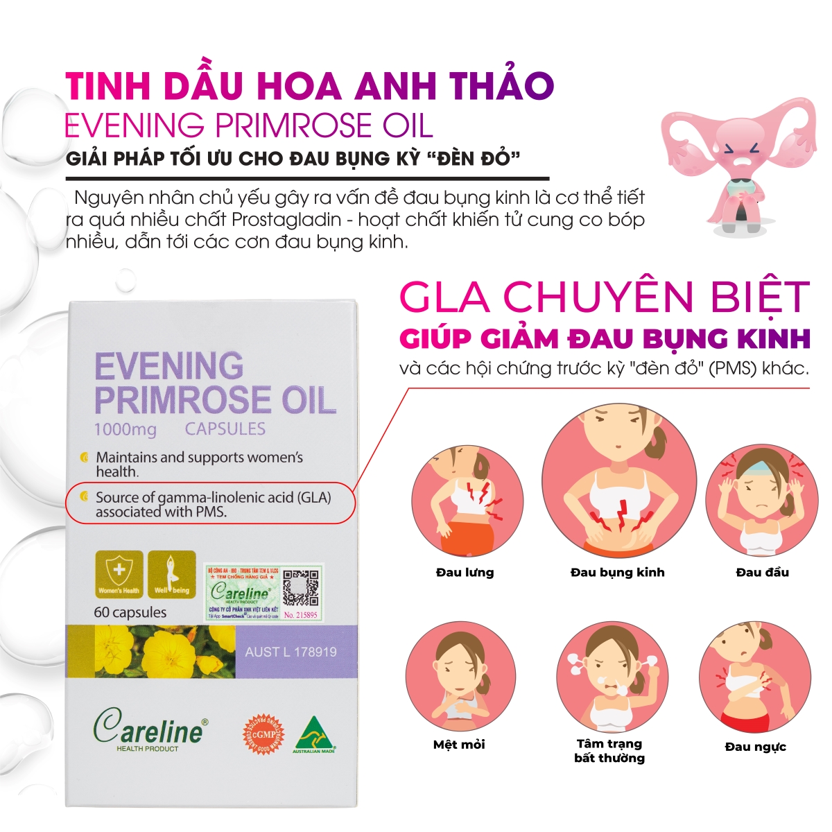 Tinh dầu hoa anh thảo Careline – Giảm đau bụng kinh và các hội chứng tiền kinh nguyệt