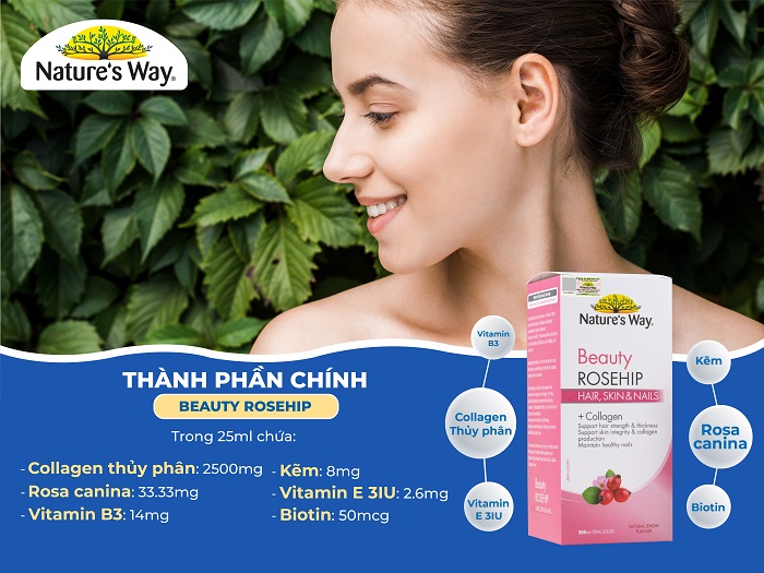 Nature's Way Beauty Rosehip – Bổ sung collagen thủy phân, chiết xuất Rosa Canina, Biotin giúp chăm sóc da, tóc, móng