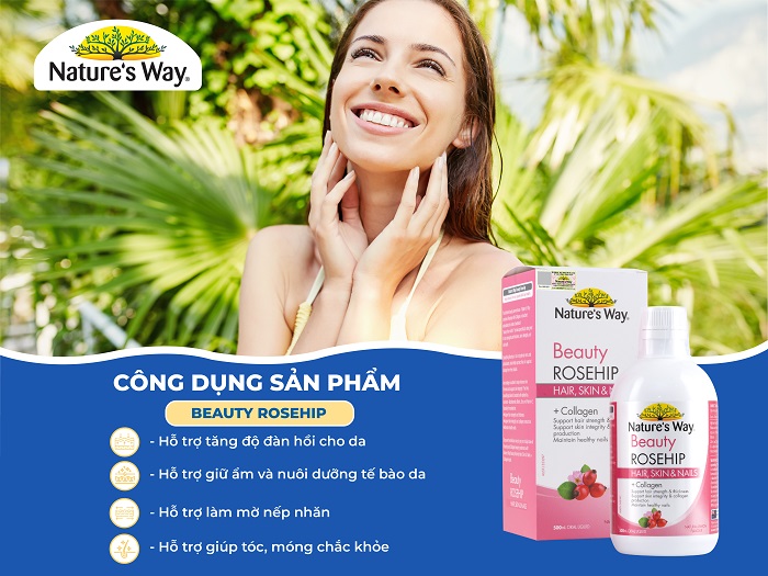 Nature's Way Beauty Rosehip – Bổ sung collagen thủy phân, chiết xuất Rosa Canina, Biotin giúp chăm sóc da, tóc, móng