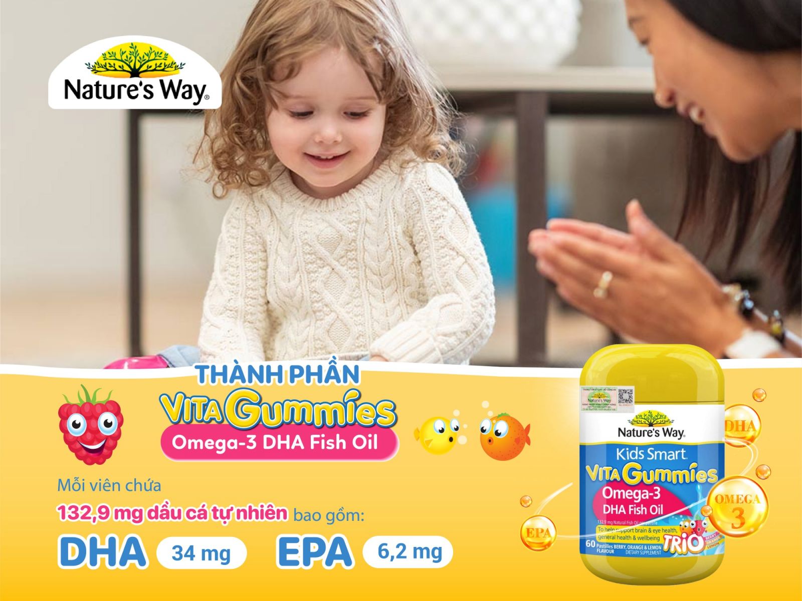 Natures Way Kids Smart Vita Gummies Omega-3 DHA Fish Oil Trio - Hỗ trợ phát triển não bộ và thị lực cho bé